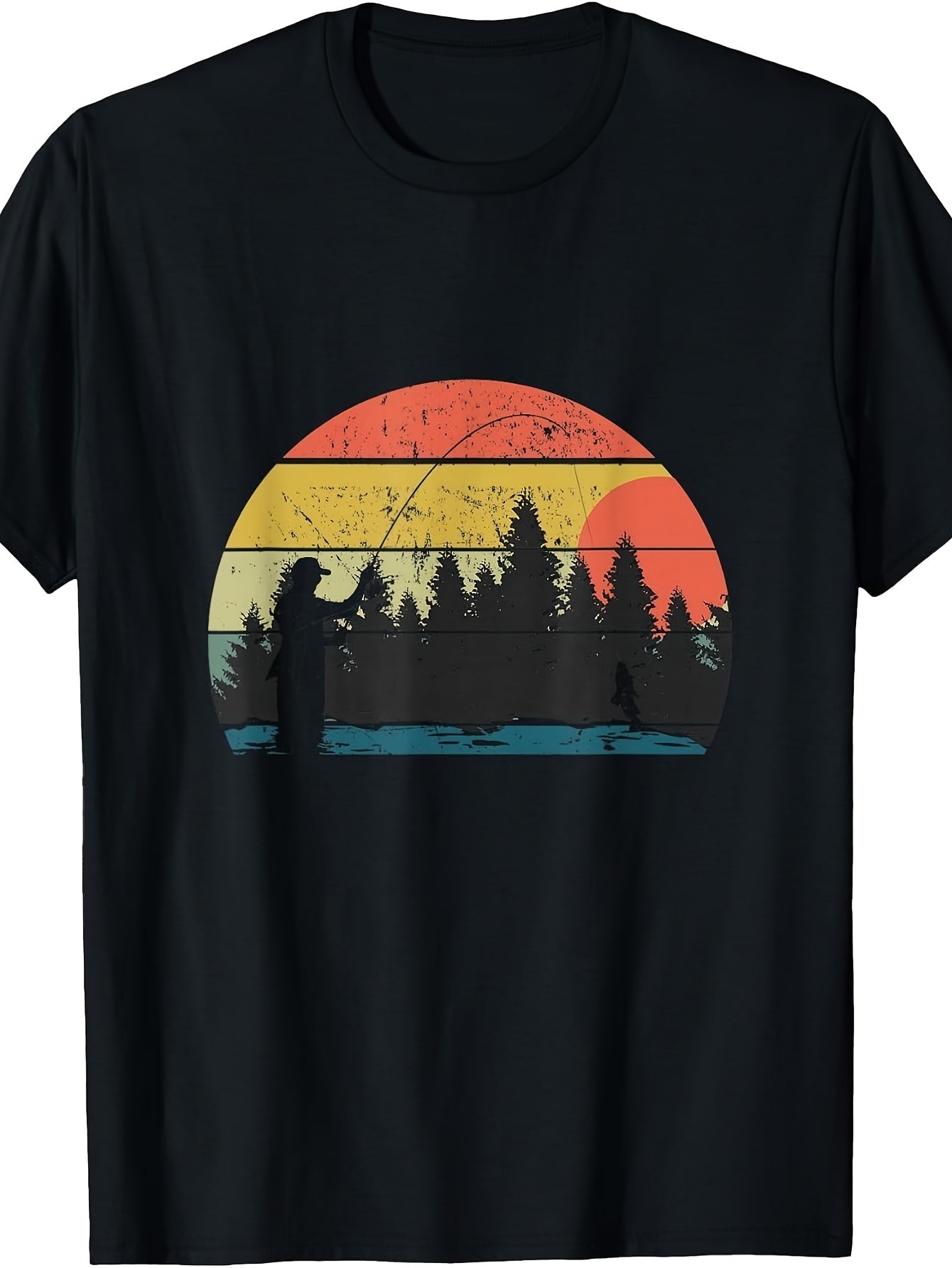 Vintage Style, Men's And Women's T-Shirt, Retro Sunset Fishing Silhouette with Trees And Lake, Outdoor Summer Camping Gift