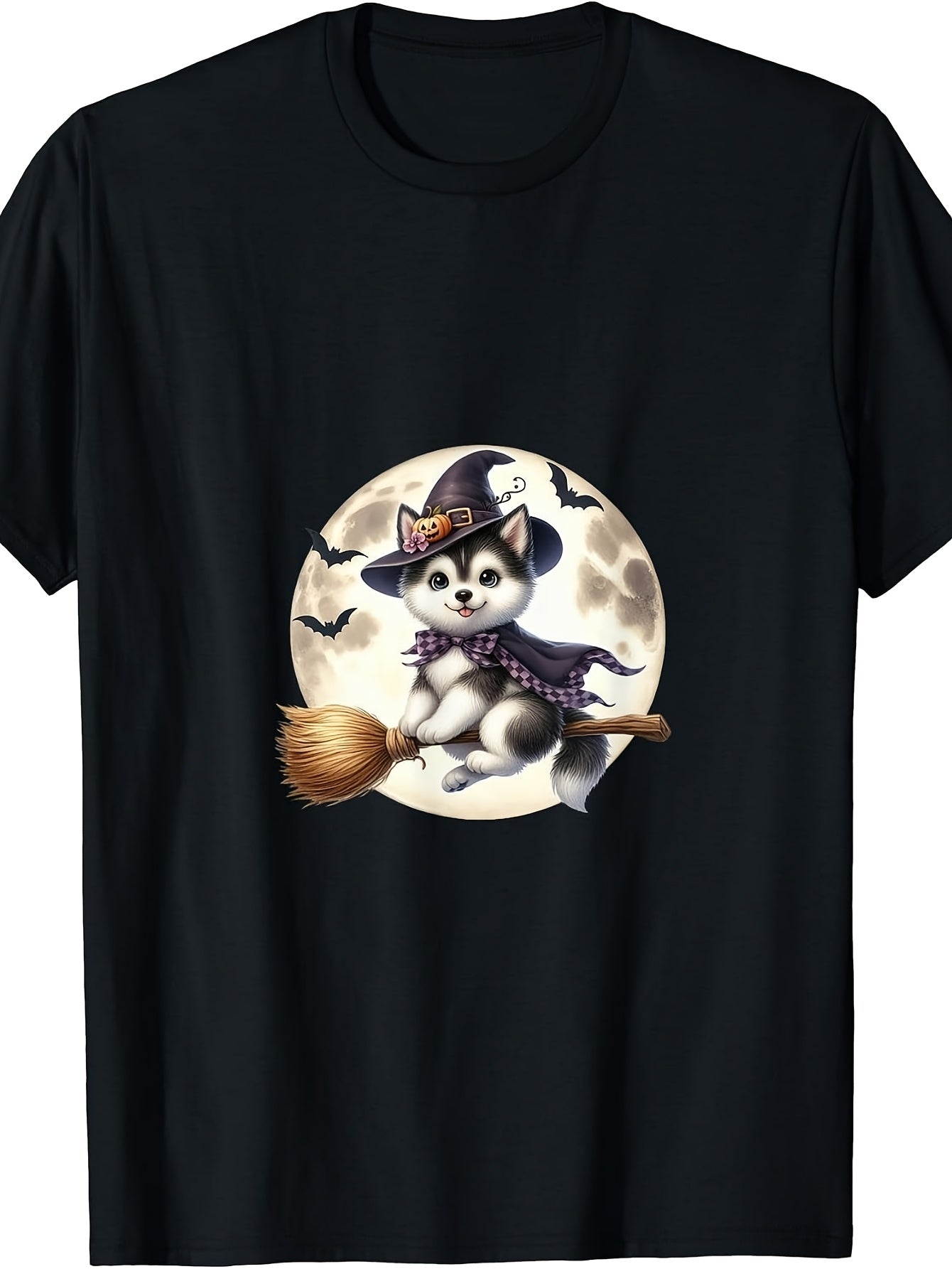 Retro Husky Witch on Broomstick T-Shirt - Full Moon Bat with Husky & Witch Graphic, Round Neck Casual Tee Suitable for, Themed Parties, Casual Attire, Machine Washable Retro Apparel