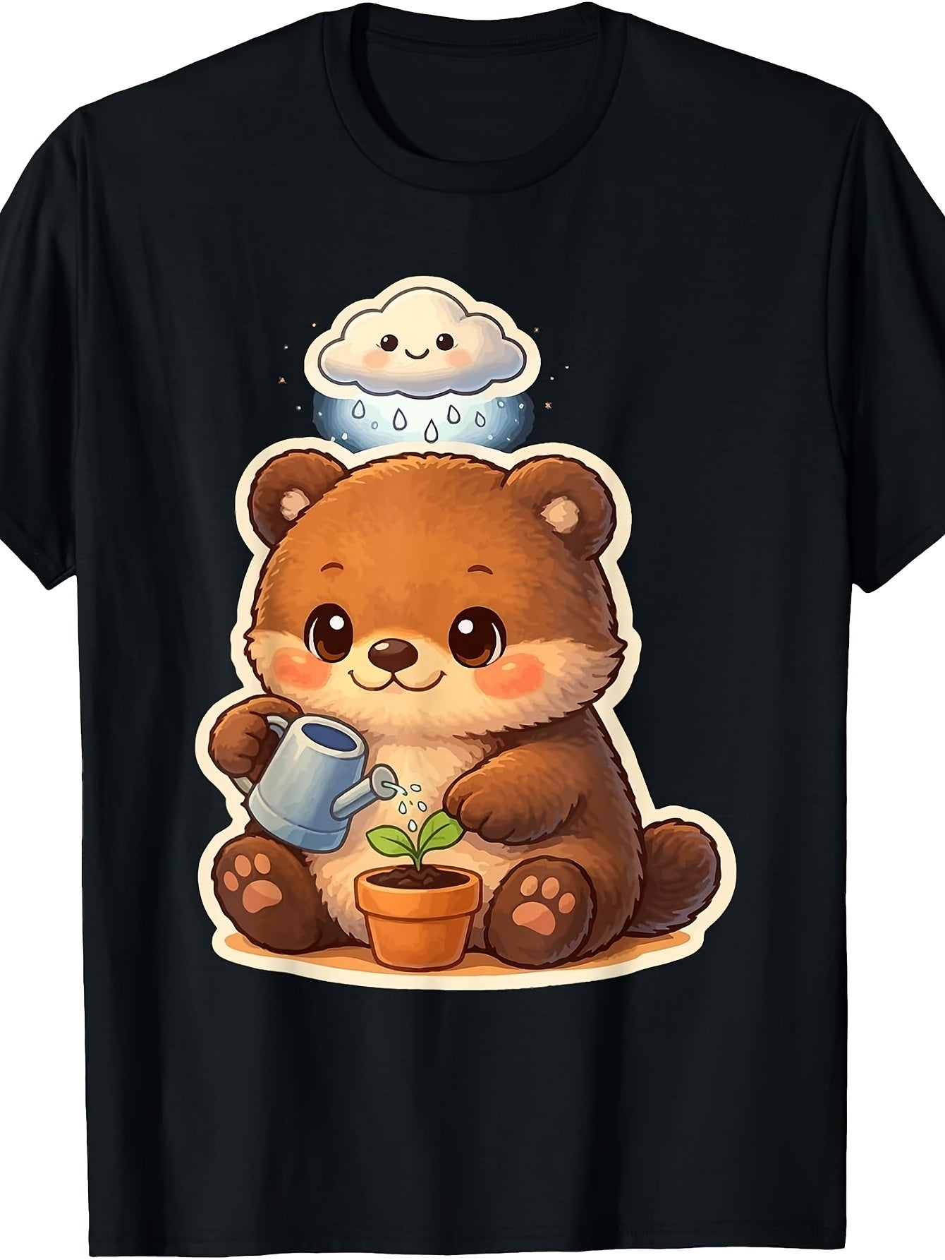 Cute Bear Watering Plant Graphic T-Shirt, Cartoon Design, Crew Neck, Casual Wear