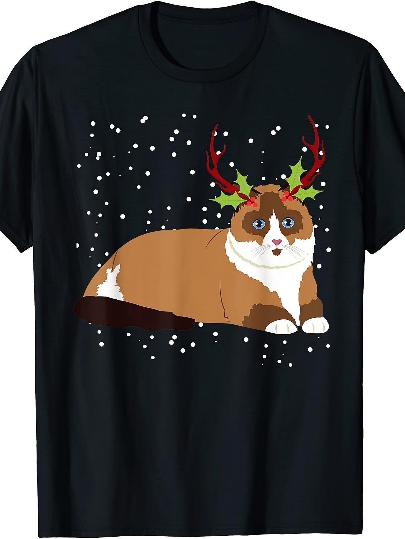 Men's & Women's Retro Christmas Cat T-Shirt with Reindeer Antlers & Holly - Funny Holiday Round Neck Tee, Machine Washable Suitable for Winter Parties, Casual Wear, Year-Round Festive Apparel