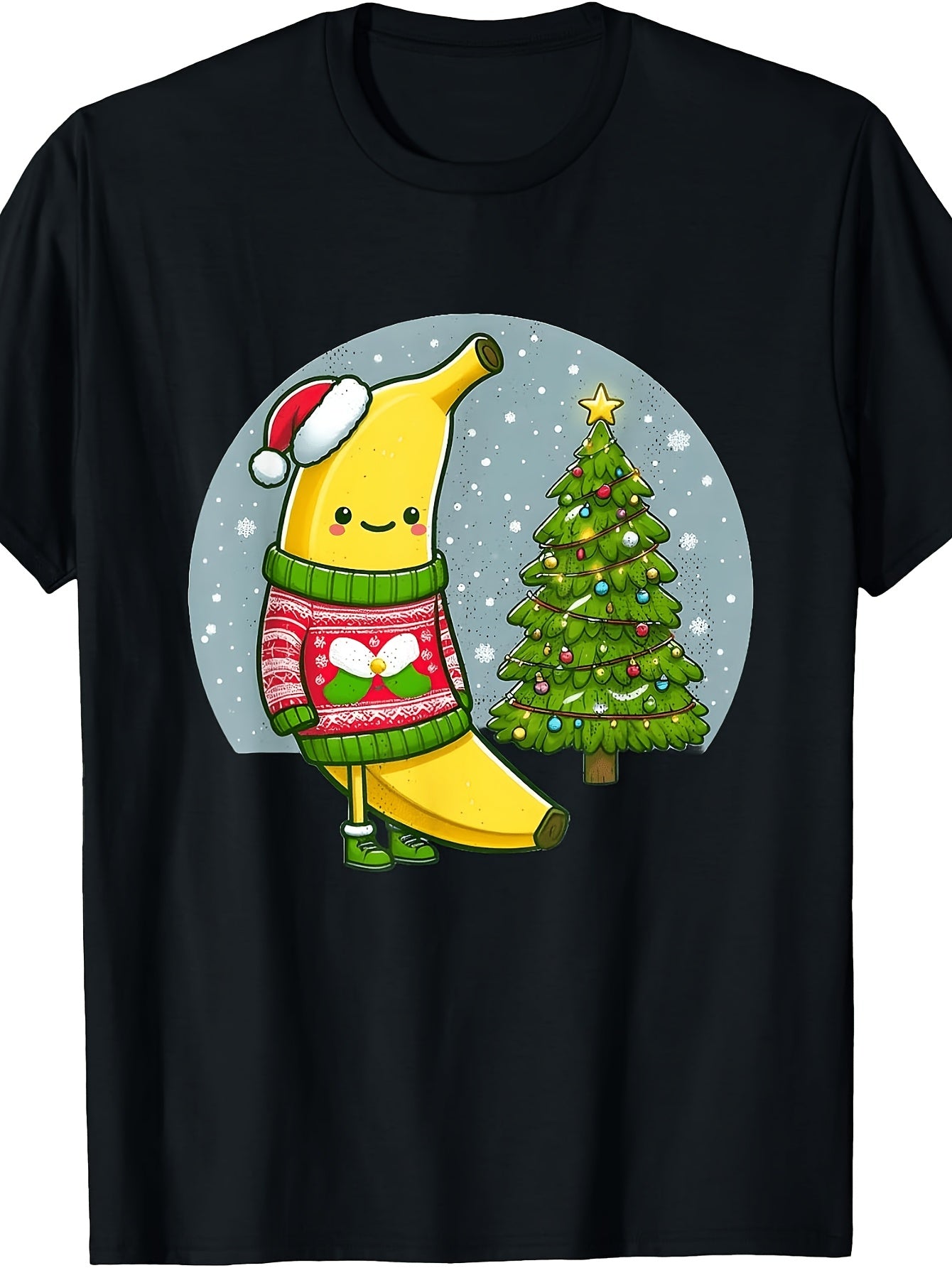 Men's & Women's Retro Kawaii Banana Christmas T-Shirt - Funny Banana in Sweater & Santa Hat with Tree, Round Neck Casual Holiday Tee Suitable for Winter Parties, Machine Washable Apparel