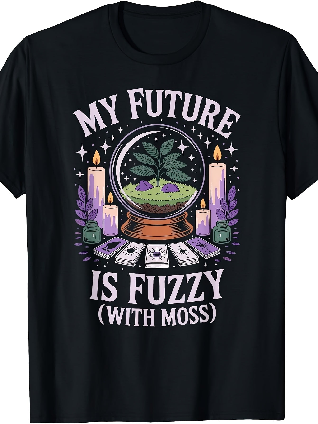 Retro Tarot Cards & Crystal Ball Terrarium T-Shirt - Suitable for Plant Fans, Machine Washable Digital Print, Casual Round Neck Tee with Terrarium for Tarot Enthusiasts and Botany Lovers