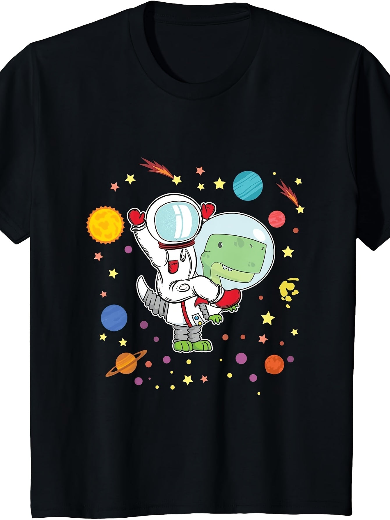 Men's & Women's Retro Space Astronaut & Dinosaur T-Shirt - Cute Cartoon Round Neck Tee with Planets, Stars, Astronaut Riding Dinosaur - Machine Washable Casual Daily Wear for Suitable for Parties, Gifts, Everyday Outfits
