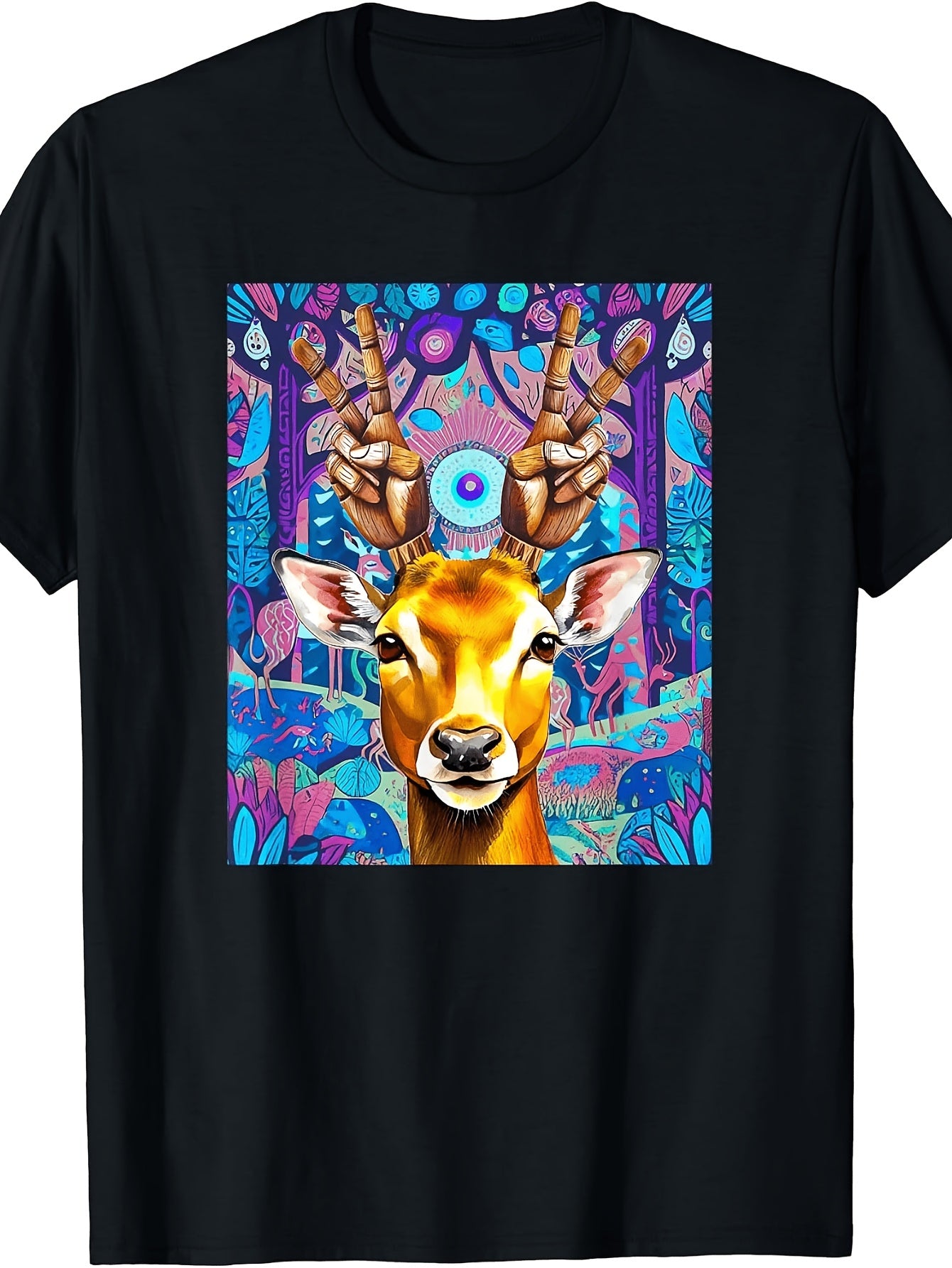 Psychedelic Art, Men's And Women's T-Shirt, Peace Sign Deer with Third Eye Mandala Design, Summer Festival Wear