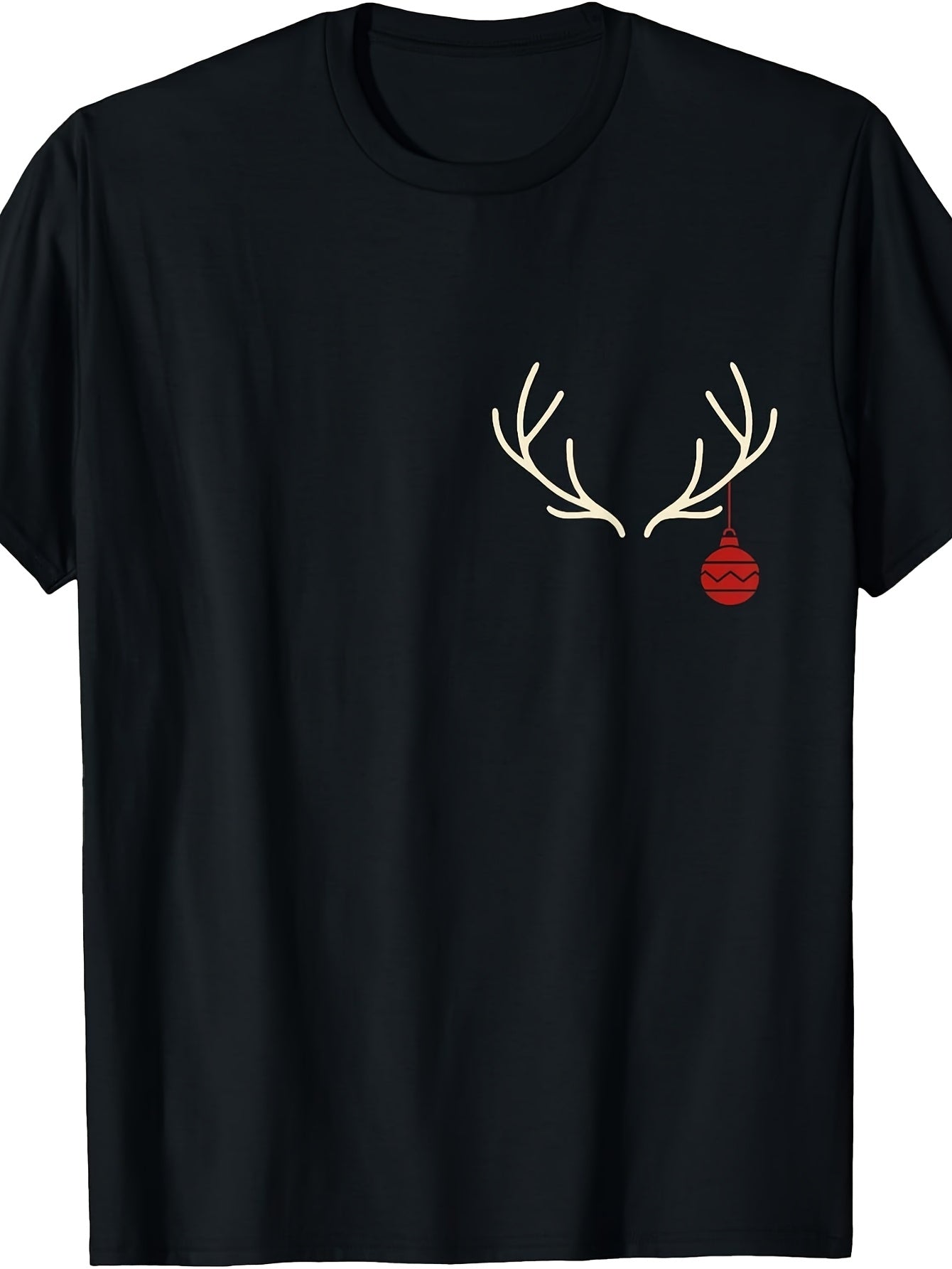 Casual, Men's And Women's T-Shirt, Minimalist Reindeer Antlers with Red Christmas Ornament Graphic, Winter Holiday Season