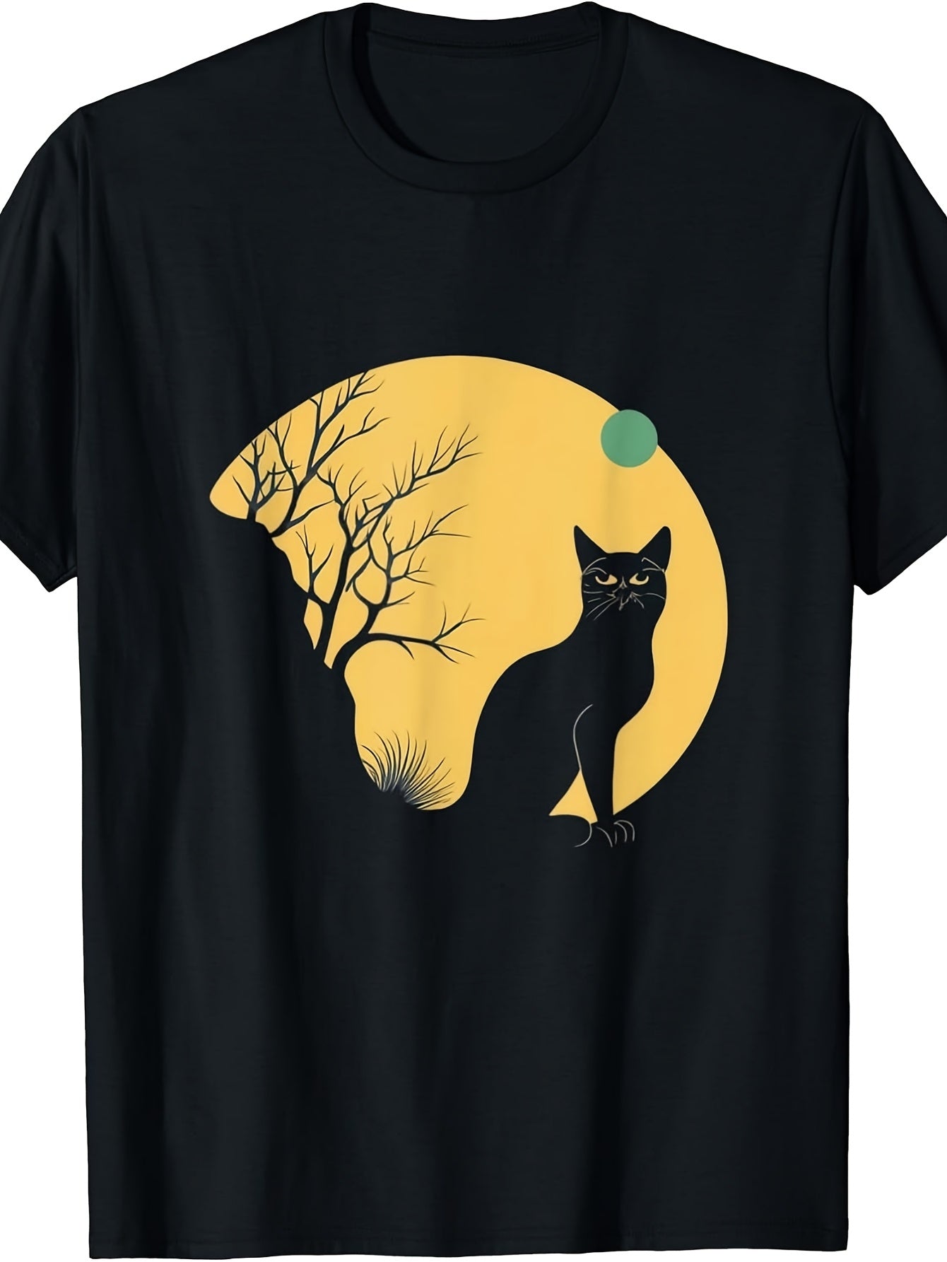 Vintage Style, Men's And Women's T-Shirt, Black Cat Silhouette with Yellow Moon And Bare Tree Design, Halloween Autumn Season Wear