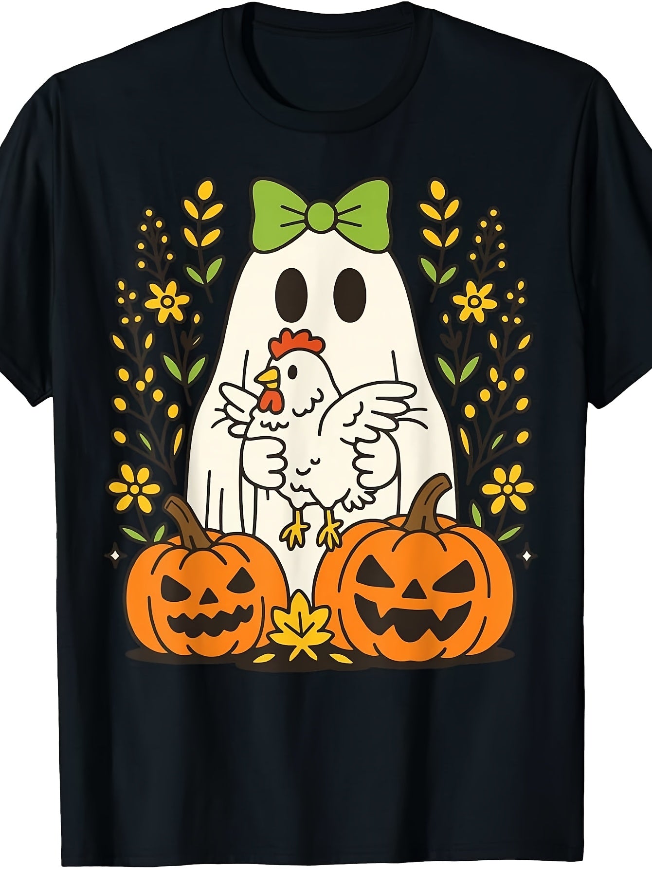 Cute Cartoon Style, Men's And Women's T-Shirt, with Chicken And Pumpkins Floral Design, Halloween Autumn Season