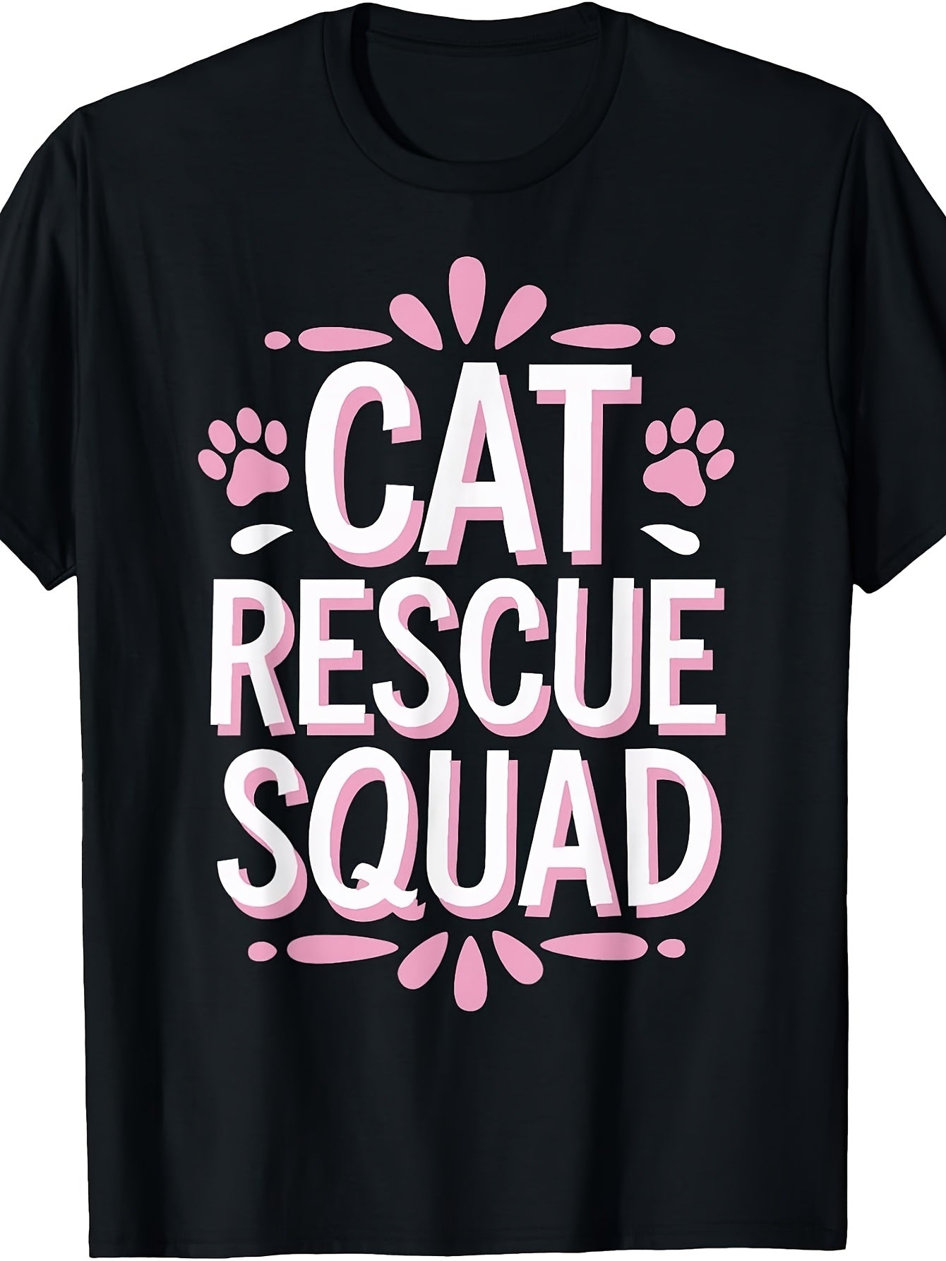 Men's & Women's Retro Cat Rescue Squad T-Shirt - Pink Paw Print Lettering & Rescue Cat Design, Casual Round Neck Tee Suitable for - Wear, Machine Washable Apparel for Cat Lovers, Everyday Casual Outfits