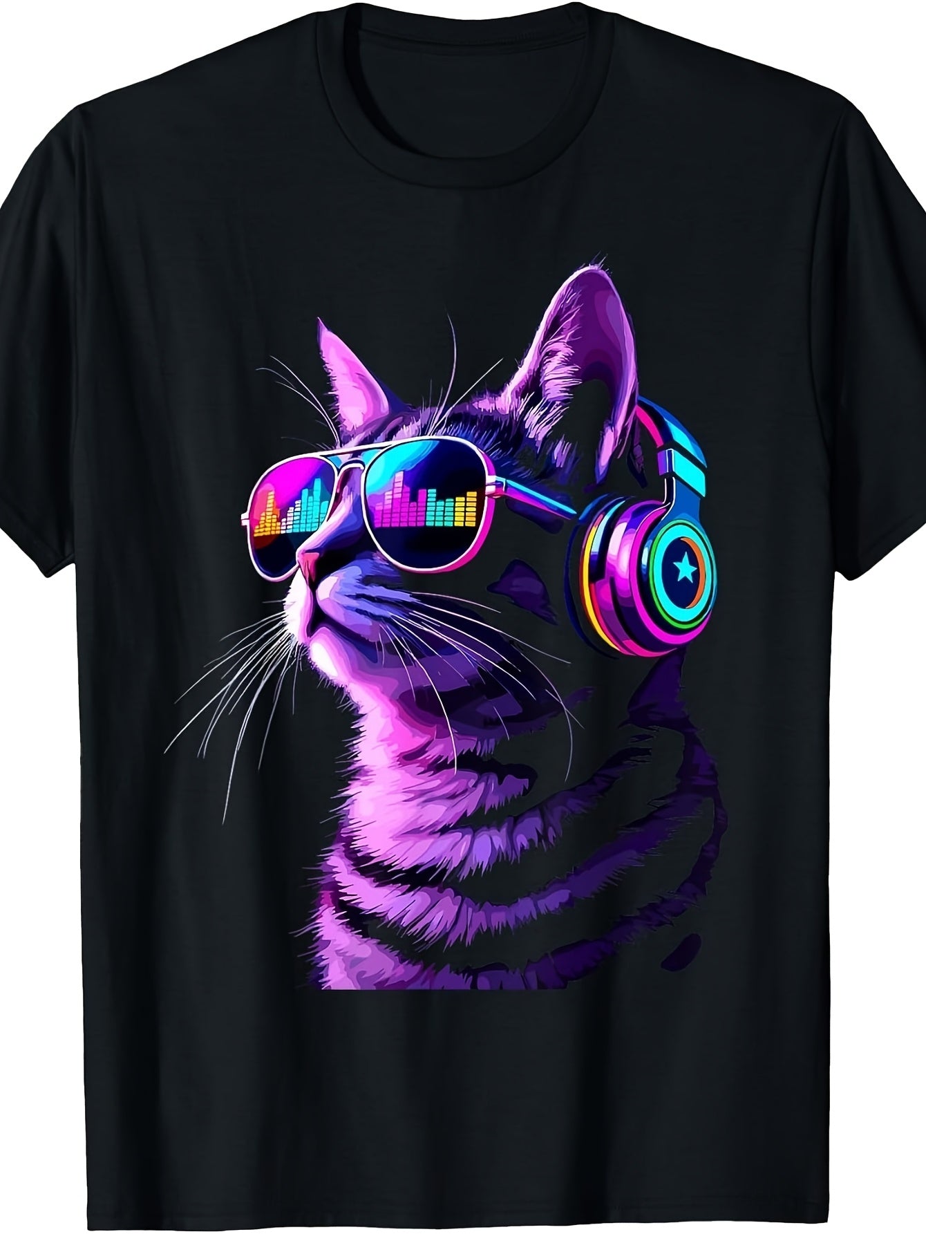 Neon Cyberpunk Style, Men's And Women's T-Shirt, Cool Cat with Fashion Glasses And Headphones Music Lover Design, Summer Party Festival Streetwear