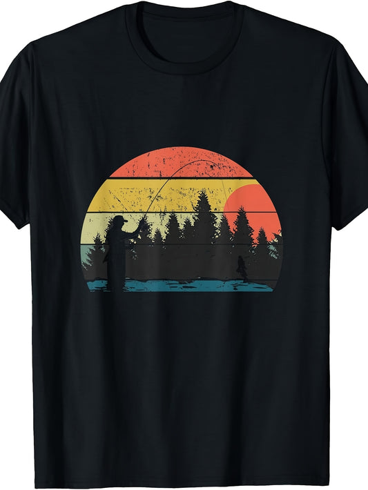 Vintage Style, Men's And Women's T-Shirt, Retro Sunset Fishing Silhouette with Trees And Lake, Outdoor Summer Camping Gift