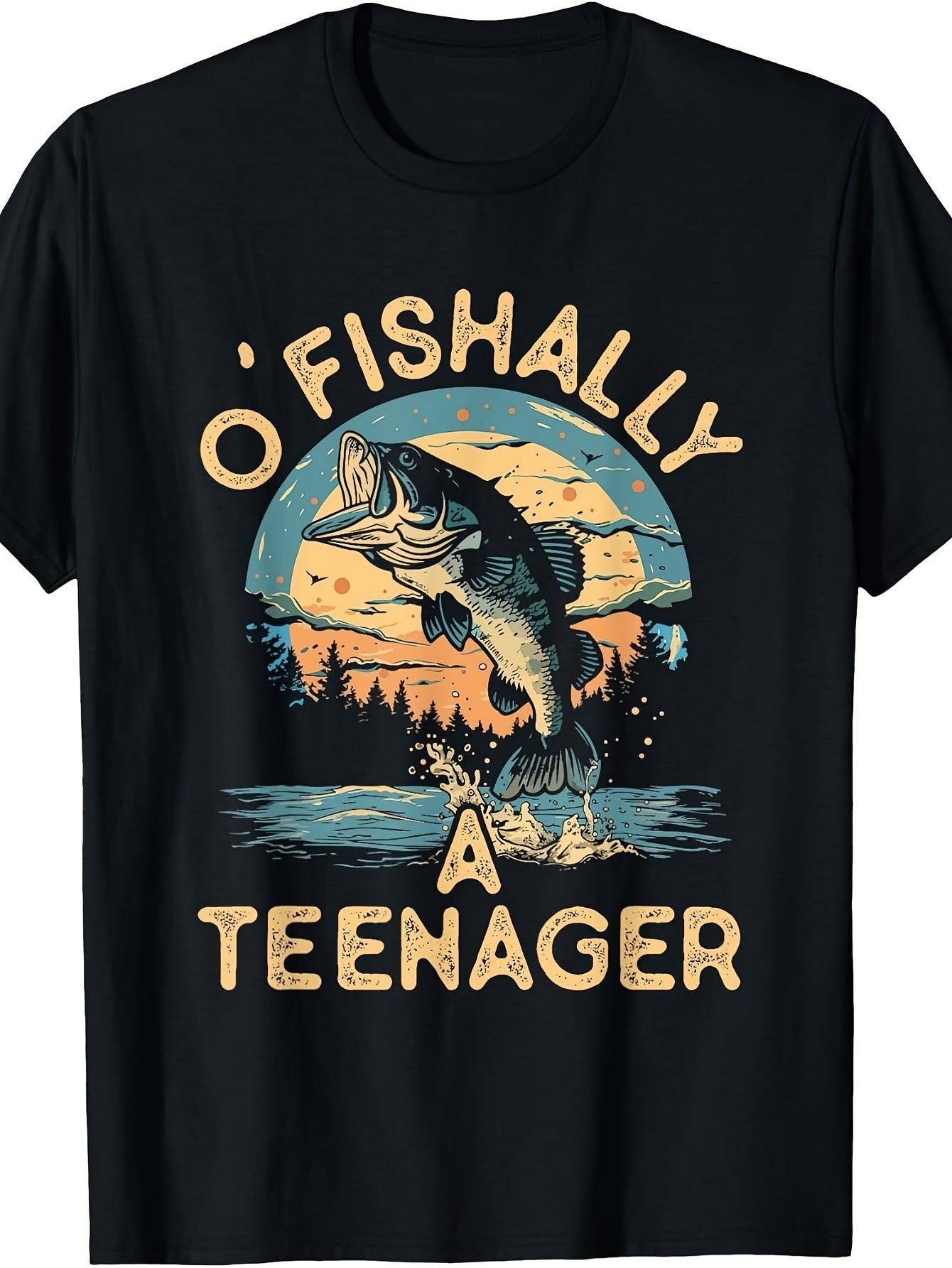 Men's & Women's Vintage Retro Fishing T-Shirt - Funny "O Fishally A Teenager" Bass Jumping Sunset Graphic, Round Neck Casual Tee Suitable for - Outdoor Gift for Anglers, Fishing Enthusiasts, Machine Washable