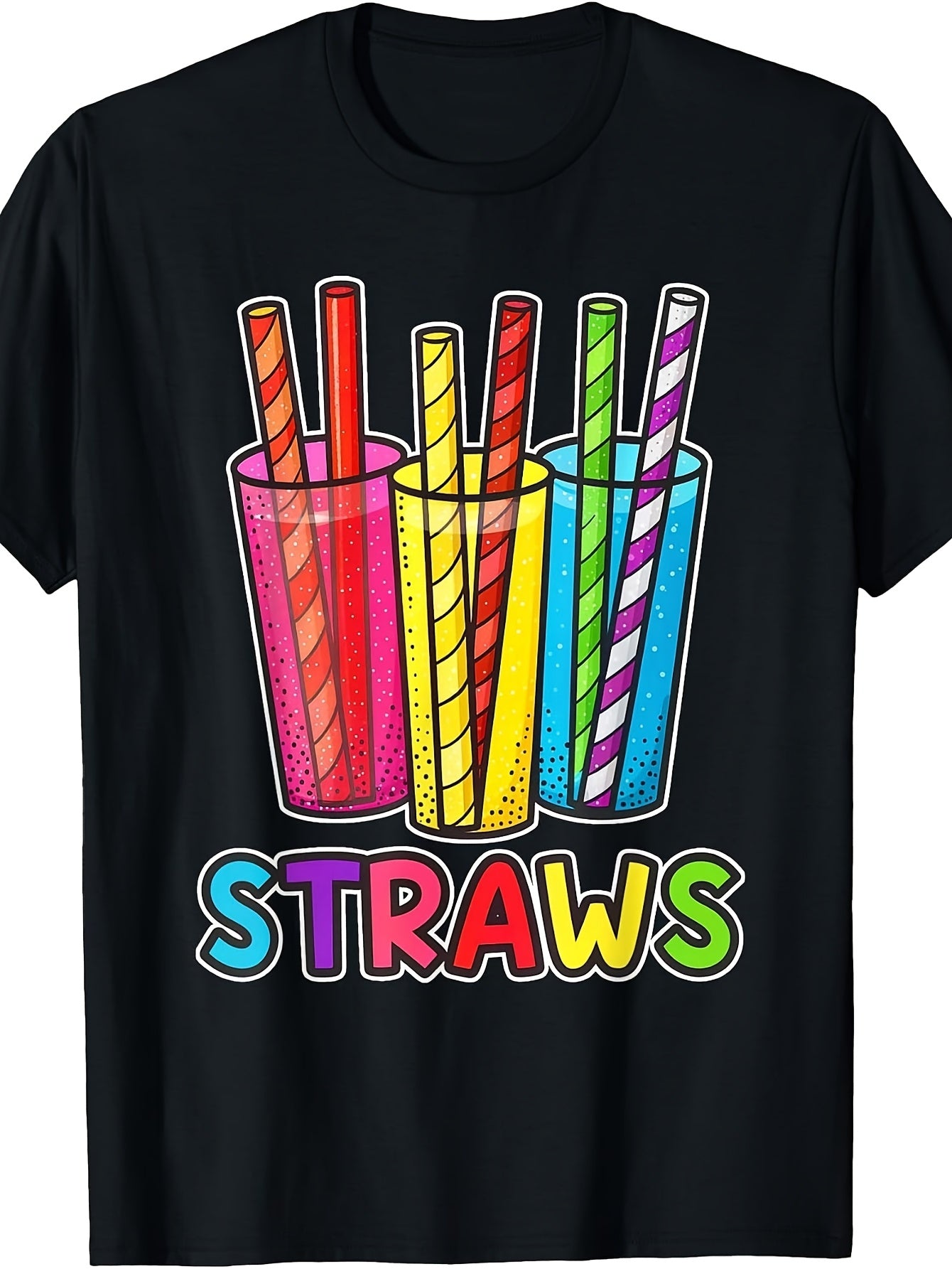 Men's And Women's T-Shirt, Retro Vintage Style, Colorful Straws In Cups Graphic, Summer Party Casual Wear