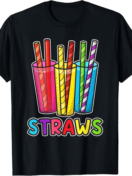 Men's And Women's T-Shirt, Retro Vintage Style, Colorful Straws In Cups Graphic, Summer Party Casual Wear