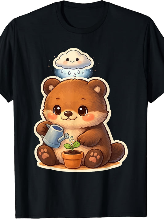 Cute Bear Watering Plant Graphic T-Shirt, Cartoon Design, Crew Neck, Casual Wear