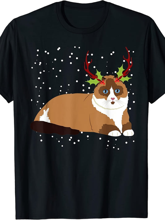 Men's & Women's Retro Christmas Cat T-Shirt with Reindeer Antlers & Holly - Funny Holiday Round Neck Tee, Machine Washable Suitable for Winter Parties, Casual Wear, Year-Round Festive Apparel