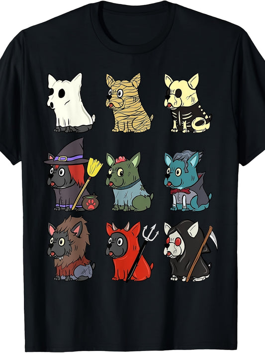 Cute Cartoon Style, Men's And Women's T-Shirt, Halloween Costume Dogs Pattern, Autumn Festival Party Wear