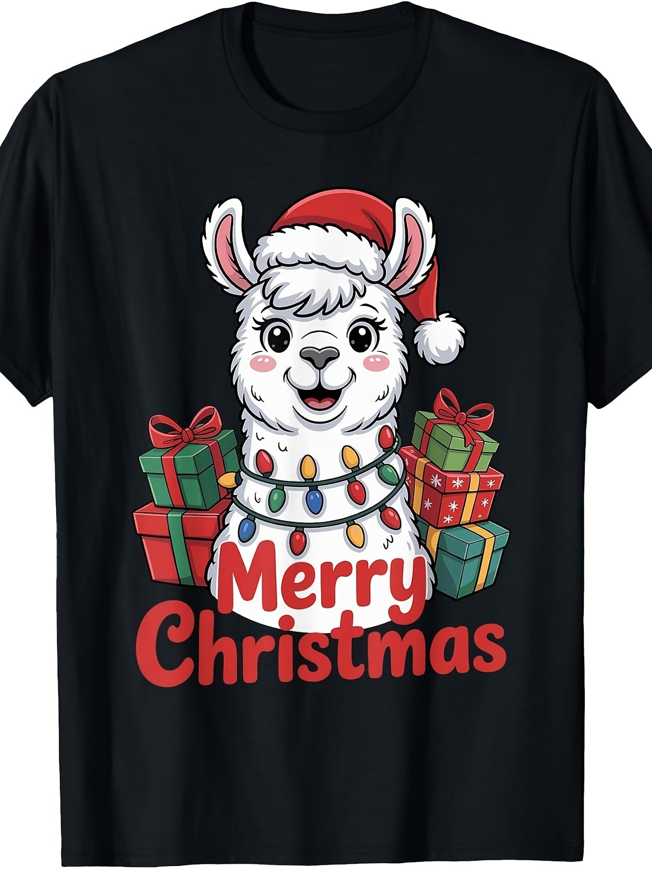 Retro Llama Santa Hat Christmas T-Shirt - Funny Llama & Llamas Suitable for Animal Lovers, Holiday Gift, Machine Washable Round Neck Tee for Year-Round Casual Wear or Themed Parties
