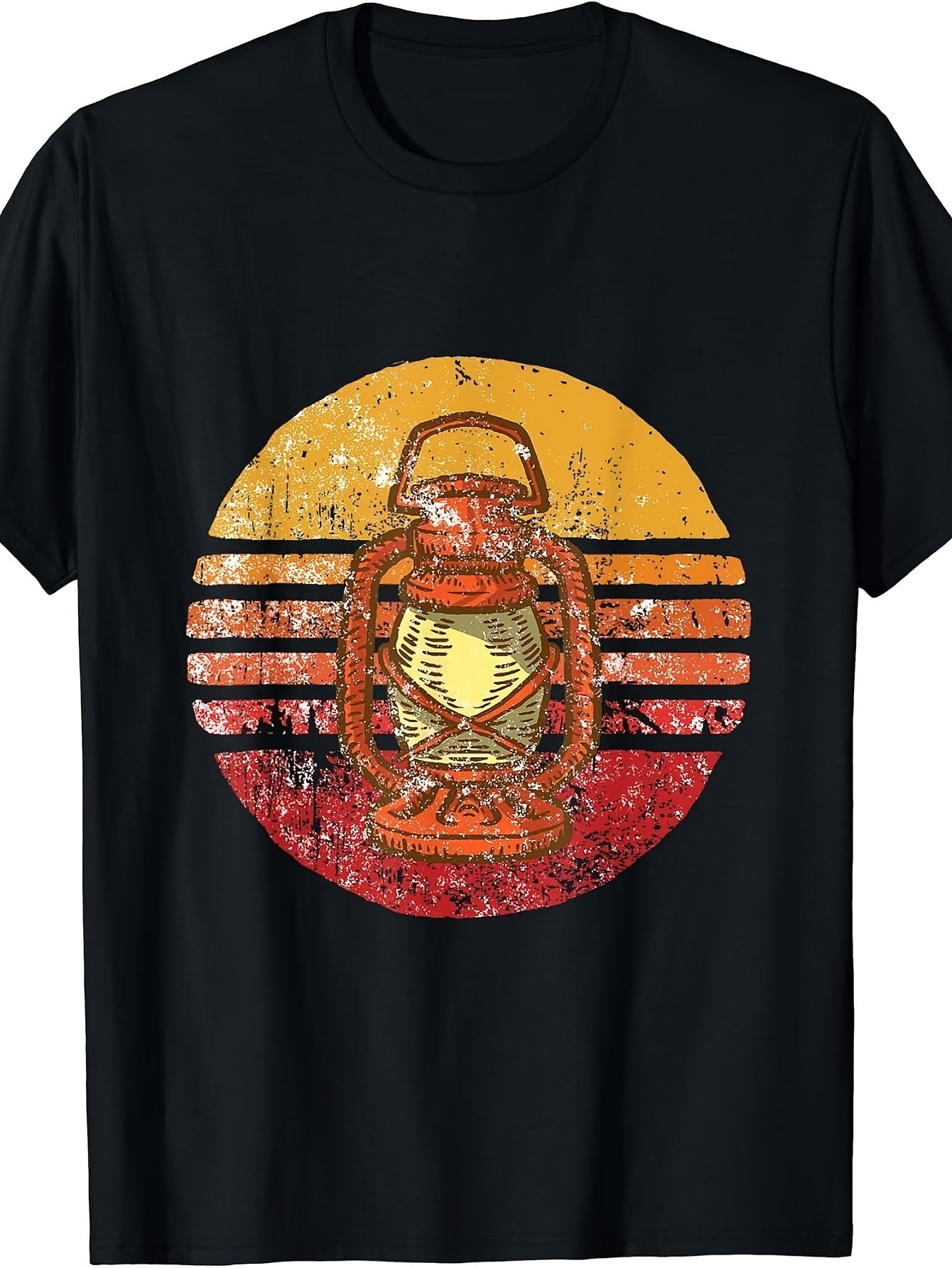 Retro, Vintage Lantern Sunset Graphic T-Shirt, Distressed Design, Crew Neck, Casual Wear