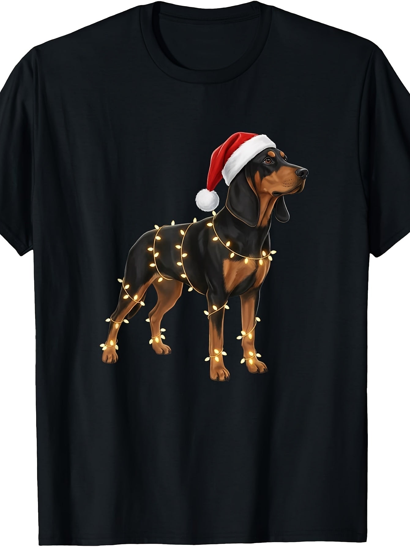 Men's & Women's Retro Dachshund T-Shirt - Funny Christmas Dog with Santa Hat & String Lights, Round Neck Regular Fit Suitable for Holiday Winter Season, Year-Round Casual Wear, Machine Washable Apparel