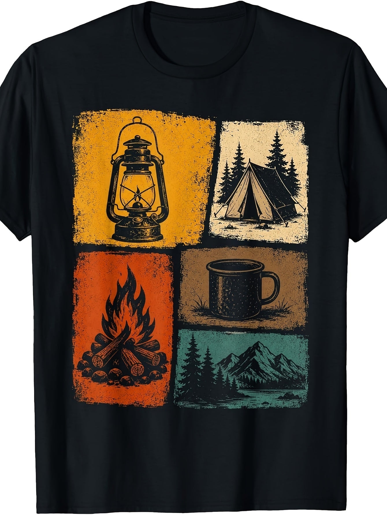 Retro, Camping Collage, T-Shirt, Vintage Lantern Fire Mountain, Crew Neck, Outdoor Adventure