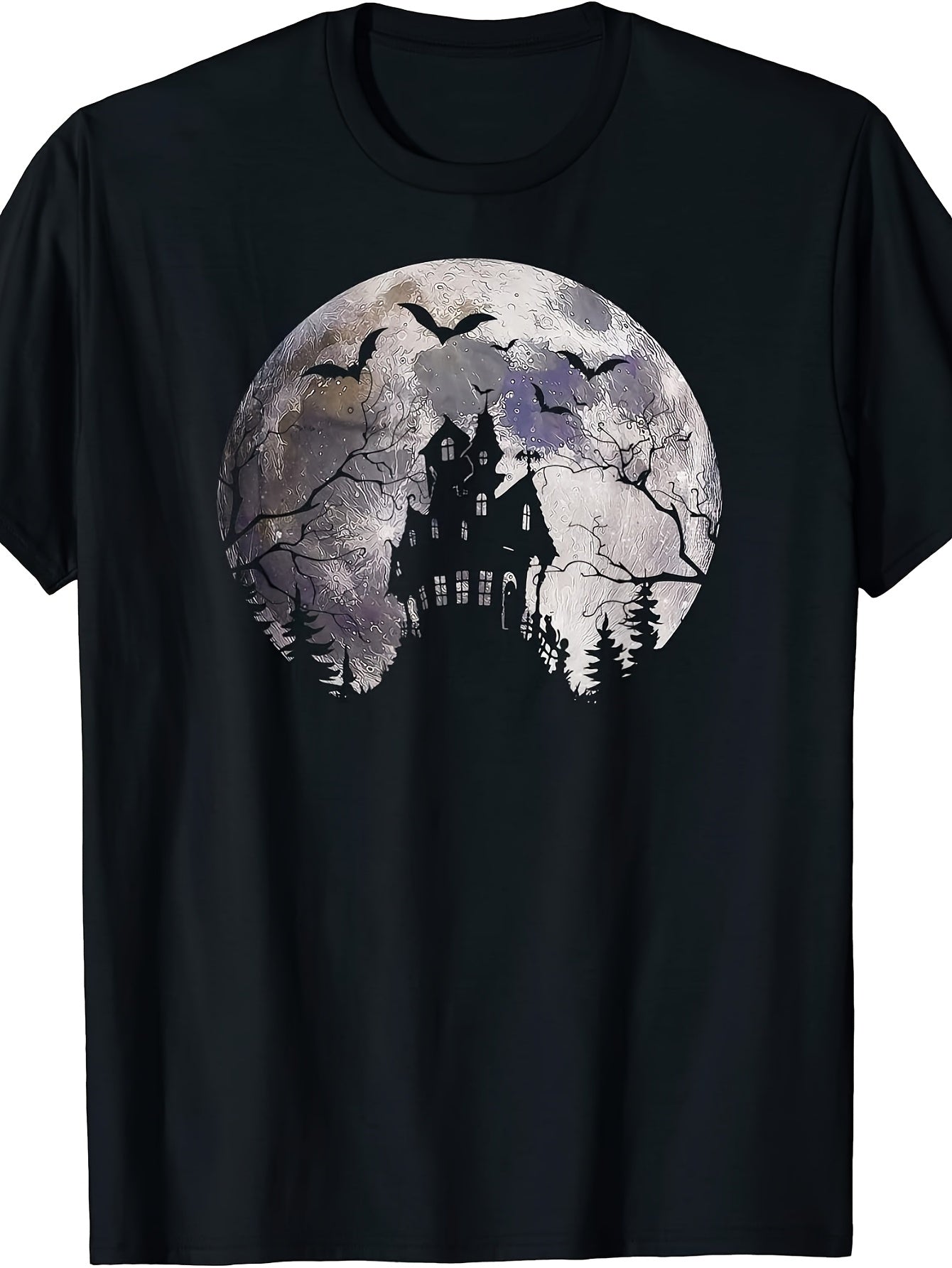 Halloween Full Moon Illustration, House of Horror And Bats T-Shirt