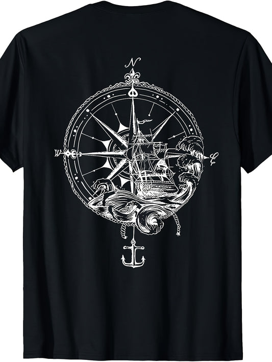 Vintage Nautical Compass Rose And Sailing Ship Graphic, Men's And Women's T-Shirt, Maritime Anchor Design, Summer Beach Vacation Wear