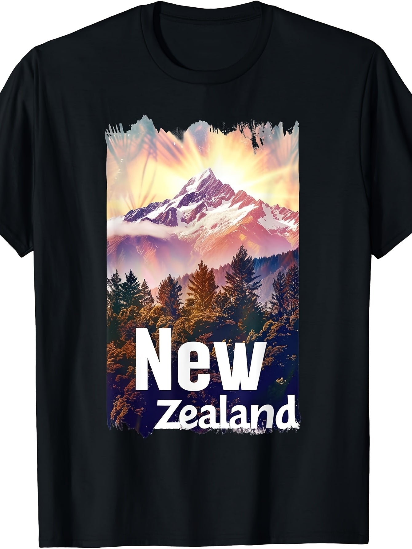 New Zealand Souvenir T-Shirt - Retro Landmark with Iconic Mountain Scenery, Suitable for Hiking & Casual Wear, Machine Washable Round Neck Tee for Year-Round