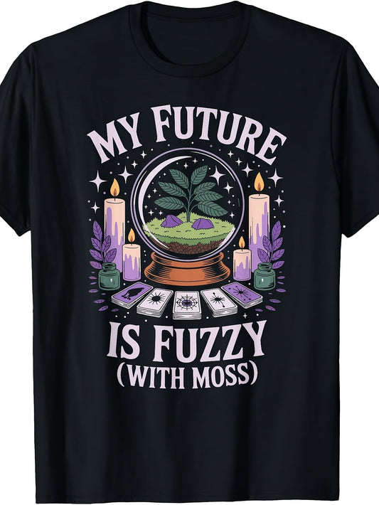 Retro Tarot Cards & Crystal Ball Terrarium T-Shirt - Suitable for Plant Fans, Machine Washable Digital Print, Casual Round Neck Tee with Terrarium for Tarot Enthusiasts and Botany Lovers
