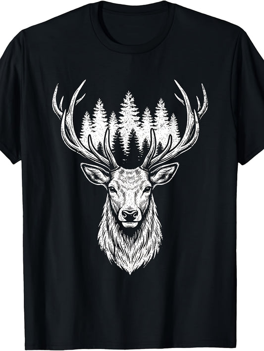 Retro Deer Antlers Hunting T-Shirt - Minimalist Buck Suitable for Outdoor, - Wear, Machine Washable Round Neck Tee with Deer Antler Graphic for Casual & Forest Activities, Male Apparel