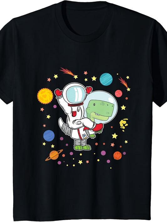 Men's & Women's Retro Space Astronaut & Dinosaur T-Shirt - Cute Cartoon Round Neck Tee with Planets, Stars, Astronaut Riding Dinosaur - Machine Washable Casual Daily Wear for Suitable for Parties, Gifts, Everyday Outfits
