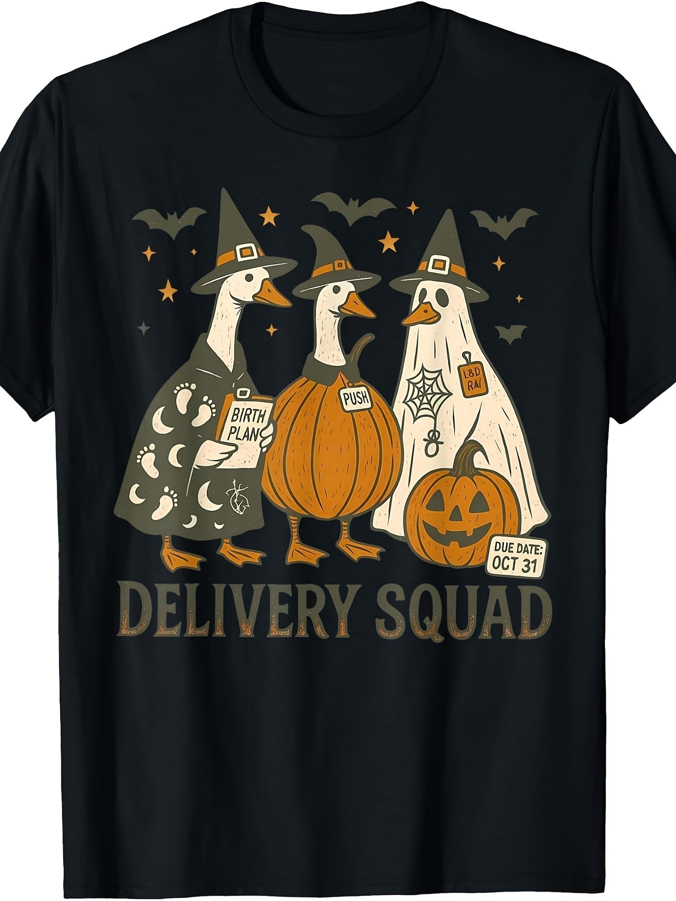 Men'S And Women'S T-Shirt, Halloween Witch Duck Delivery Squad Pumpkin Birth Plan Push Due Date Oct 31 Graphic Tee, Autumn Halloween Party Costume Gift
