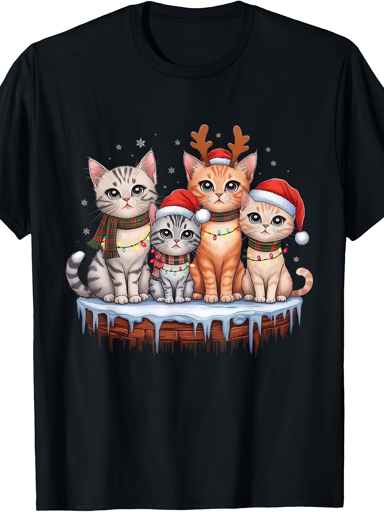 Men's & Women's Retro Christmas T-Shirt - Cute Santa Hat & Reindeer Antlers Snowy Chimney, Round Neck Regular Fit Holiday Apparel Suitable for Winter Season, Machine Washable Casual Wear for Parties & Gifts