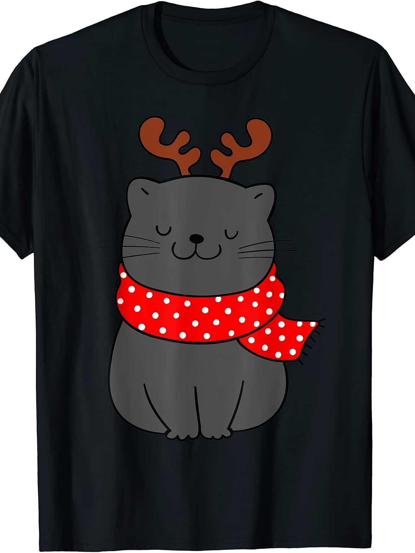 Cute, Men'S And Women'S T-Shirt, Gray Cat with Reindeer Antlers And Red Polka Dot Scarf, Christmas Holiday Season