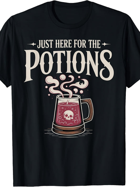 Retro Witch Brew Potion Mug T-Shirt - Funny Skull & Cauldron Graphic Tee, Machine Washable Costume Outfit Suitable for Halloween, Themed Events, Casual Wear