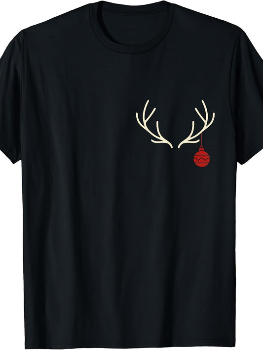 Casual, Men's And Women's T-Shirt, Minimalist Reindeer Antlers with Red Christmas Ornament Graphic, Winter Holiday Season