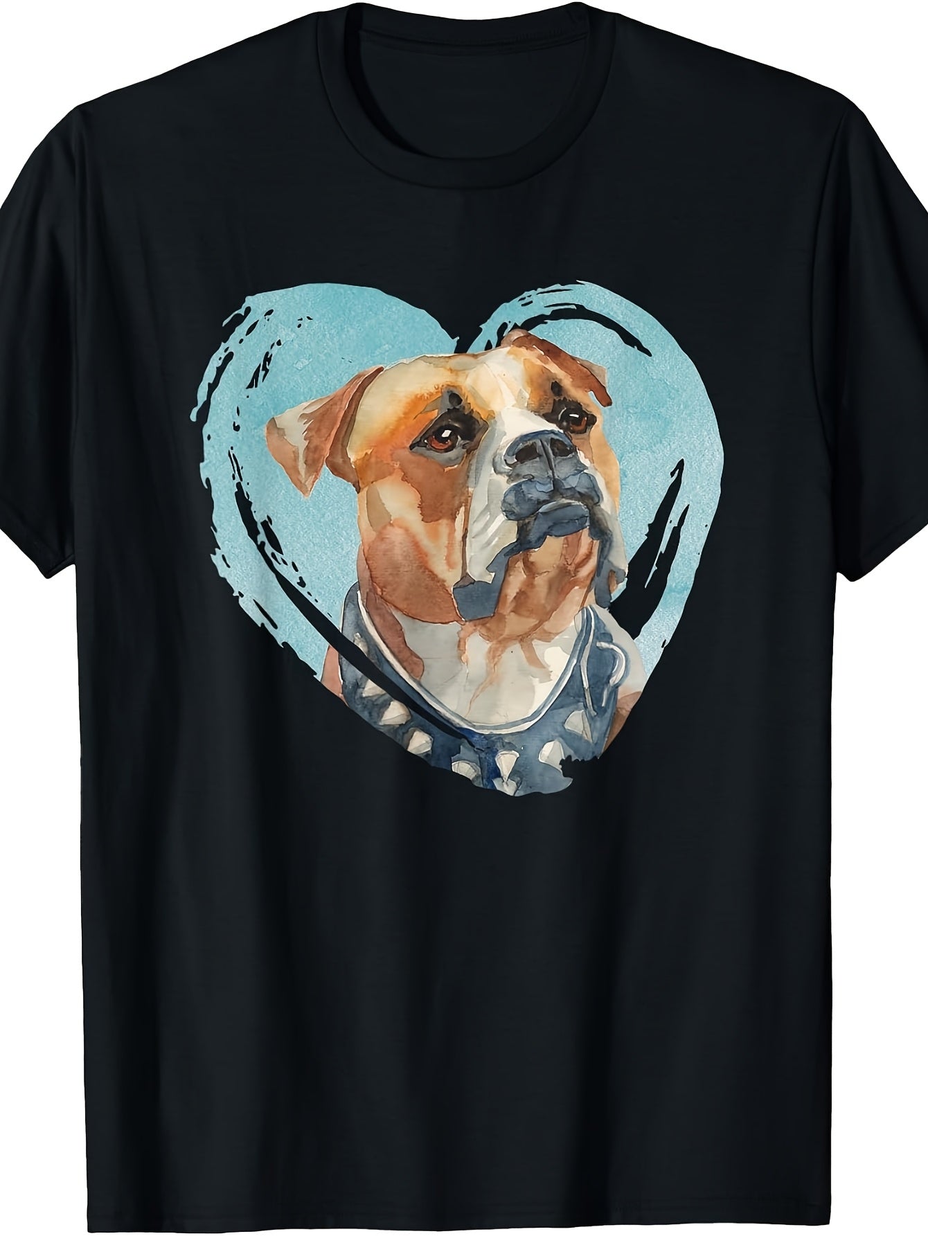 Men's & Women's Retro Bulldog T-Shirt - Cute Bulldog in Heart Watercolor Design, Round Neck Casual Tee Suitable for Daily Wear, Spring Summer Outfits, Machine Washable Apparel with Bulldog Lover Graphic