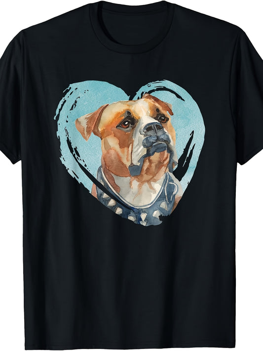 Men's & Women's Retro Bulldog T-Shirt - Cute Bulldog in Heart Watercolor Design, Round Neck Casual Tee Suitable for Daily Wear, Spring Summer Outfits, Machine Washable Apparel with Bulldog Lover Graphic