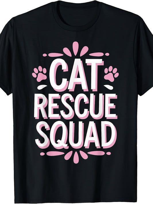 Men's & Women's Retro Cat Rescue Squad T-Shirt - Pink Paw Print Lettering & Rescue Cat Design, Casual Round Neck Tee Suitable for - Wear, Machine Washable Apparel for Cat Lovers, Everyday Casual Outfits