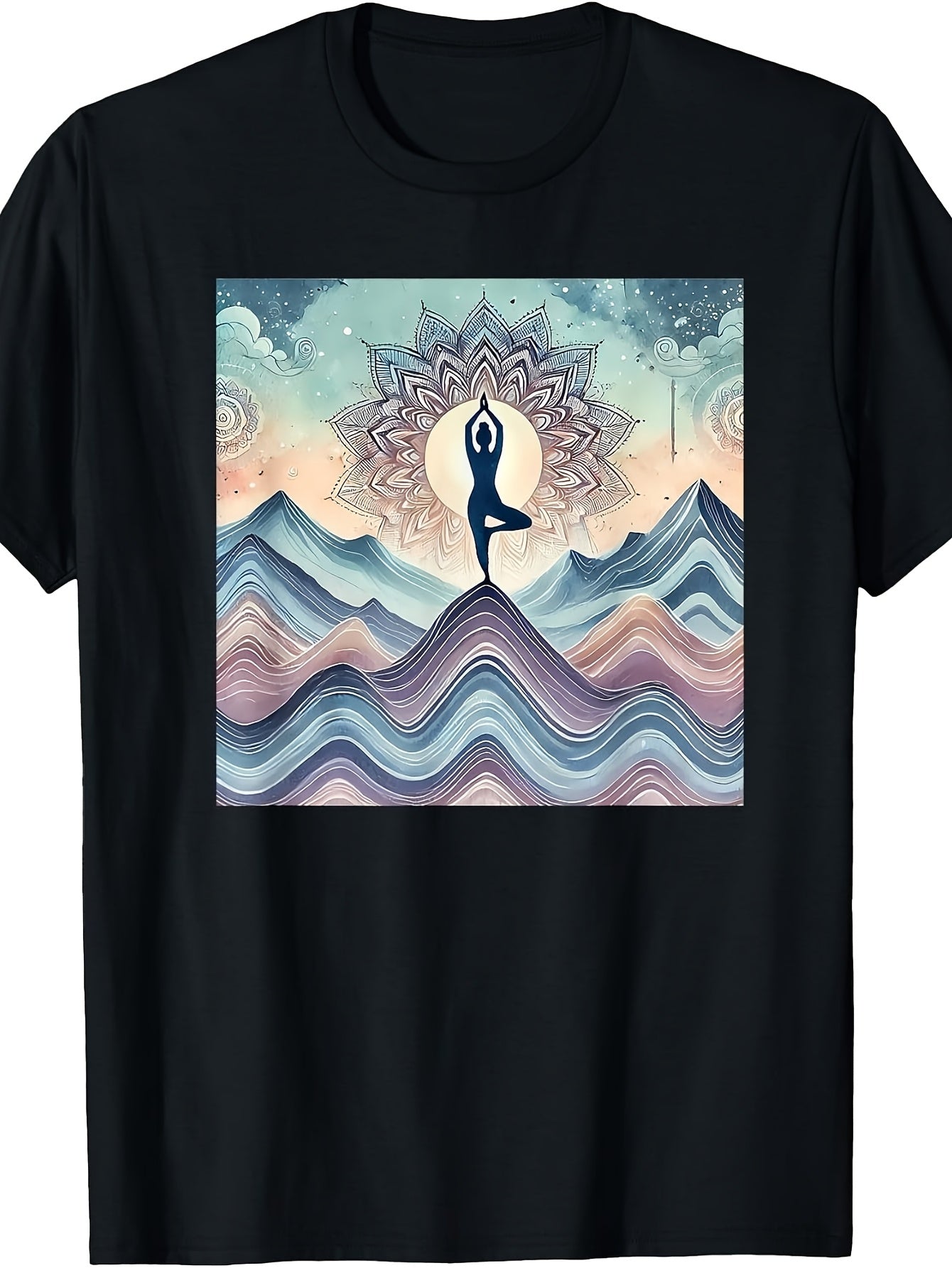 Abstract Yoga Art, Tree Pose with Mandala Mountain Landscape T-Shirt