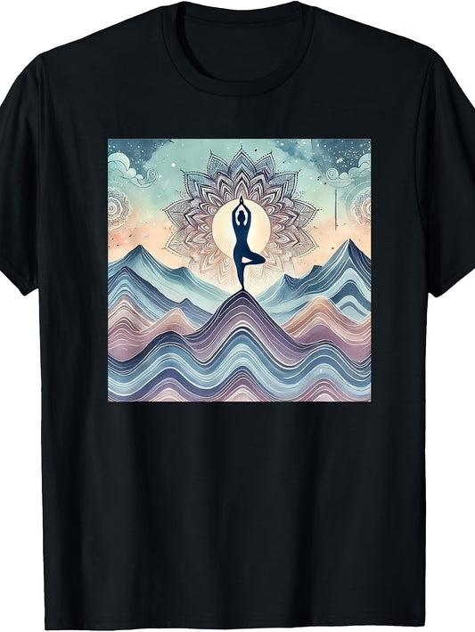 Abstract Yoga Art, Tree Pose with Mandala Mountain Landscape T-Shirt